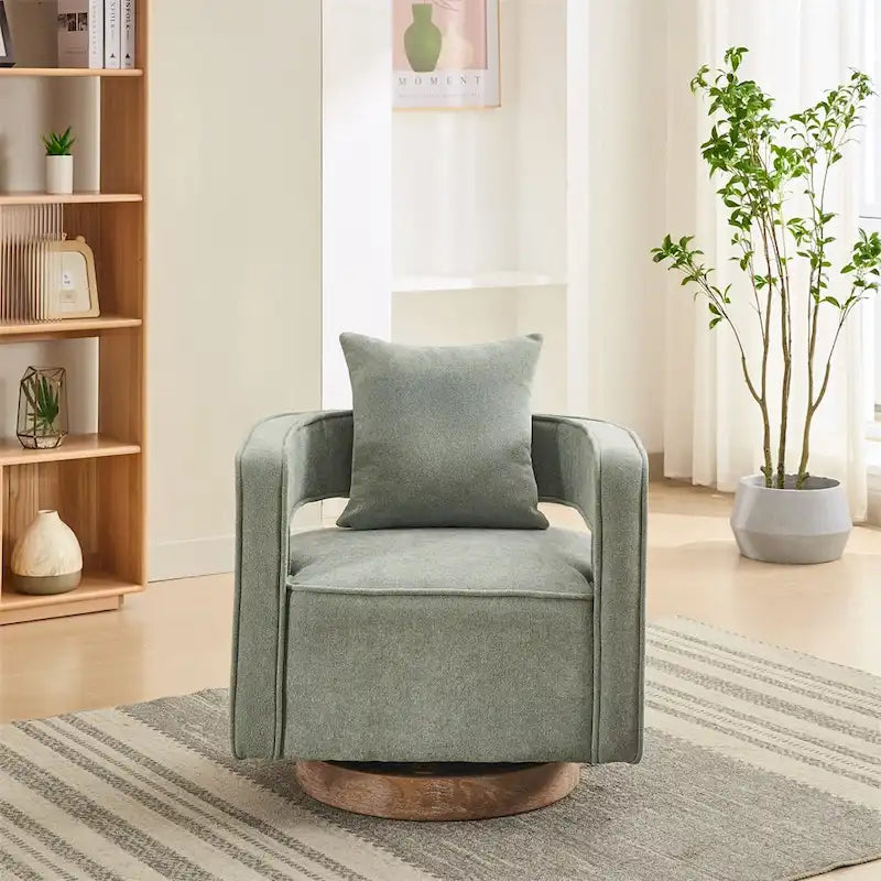 Fauteuil d'appoint pivotant à 360° en mélange de lin, dossier incurvé, base en hévéa avec coussin
