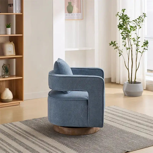 Fauteuil d'appoint pivotant à 360° en mélange de lin, dossier incurvé, base en hévéa avec coussin