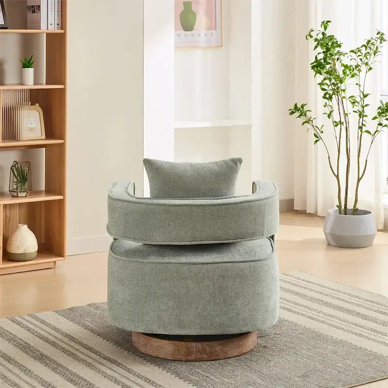Fauteuil d'appoint pivotant à 360° en mélange de lin, dossier incurvé, base en hévéa avec coussin