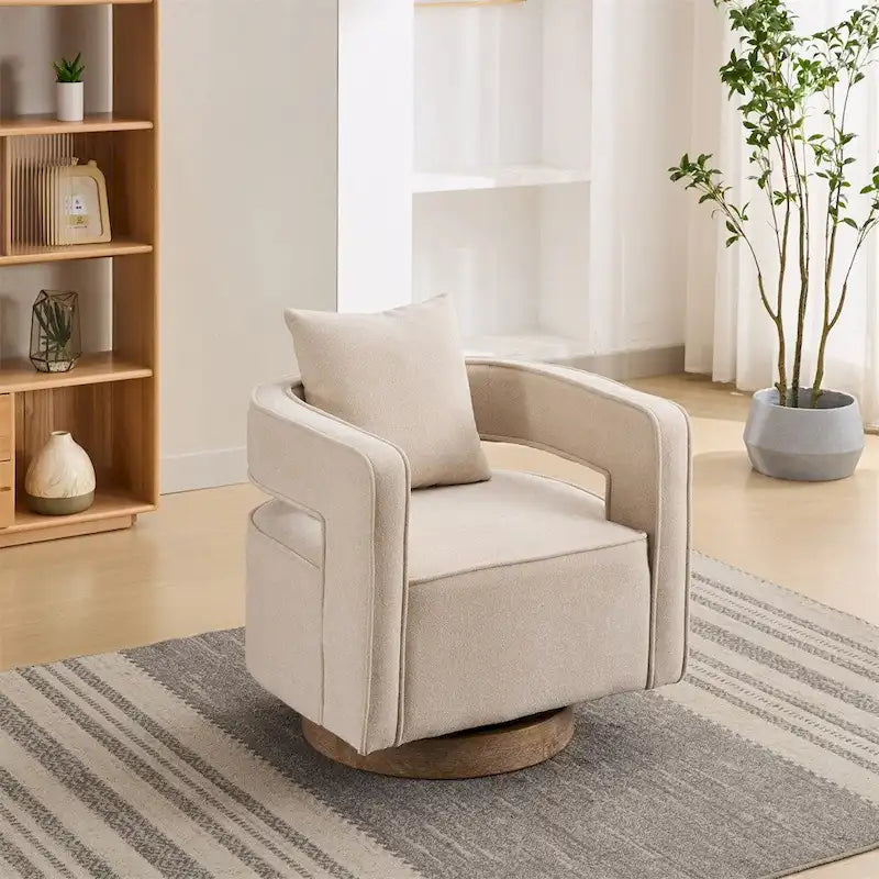 Fauteuil d'appoint pivotant à 360° en mélange de lin, dossier incurvé, base en hévéa avec coussin
