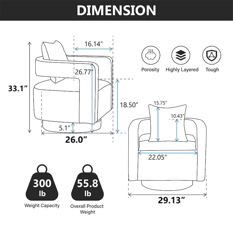 Fauteuil d'appoint pivotant à 360° en mélange de lin, dossier incurvé, base en hévéa avec coussin