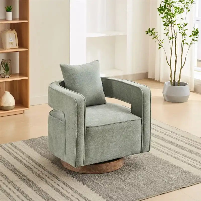 Fauteuil d'appoint pivotant à 360° en mélange de lin, dossier incurvé, base en hévéa avec coussin