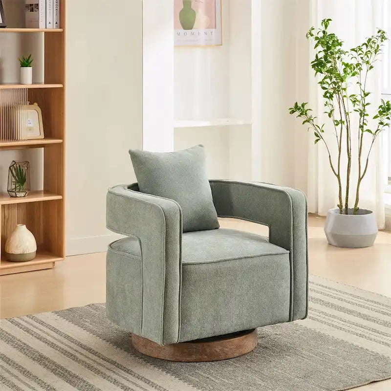 Fauteuil d'appoint pivotant à 360° en mélange de lin, dossier incurvé, base en hévéa avec coussin