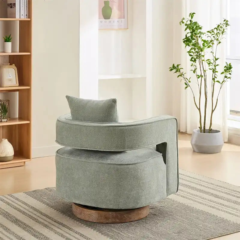Fauteuil d'appoint pivotant à 360° en mélange de lin, dossier incurvé, base en hévéa avec coussin