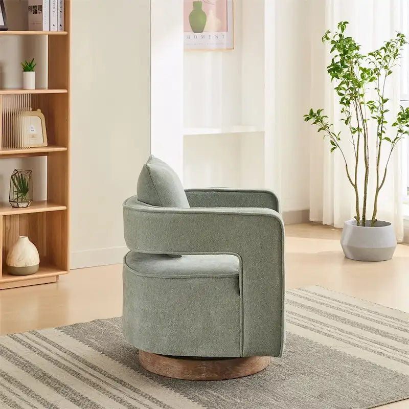 Fauteuil d'appoint pivotant à 360° en mélange de lin, dossier incurvé, base en hévéa avec coussin