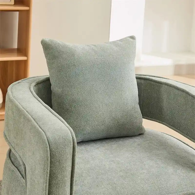 Fauteuil d'appoint pivotant à 360° en mélange de lin, dossier incurvé, base en hévéa avec coussin