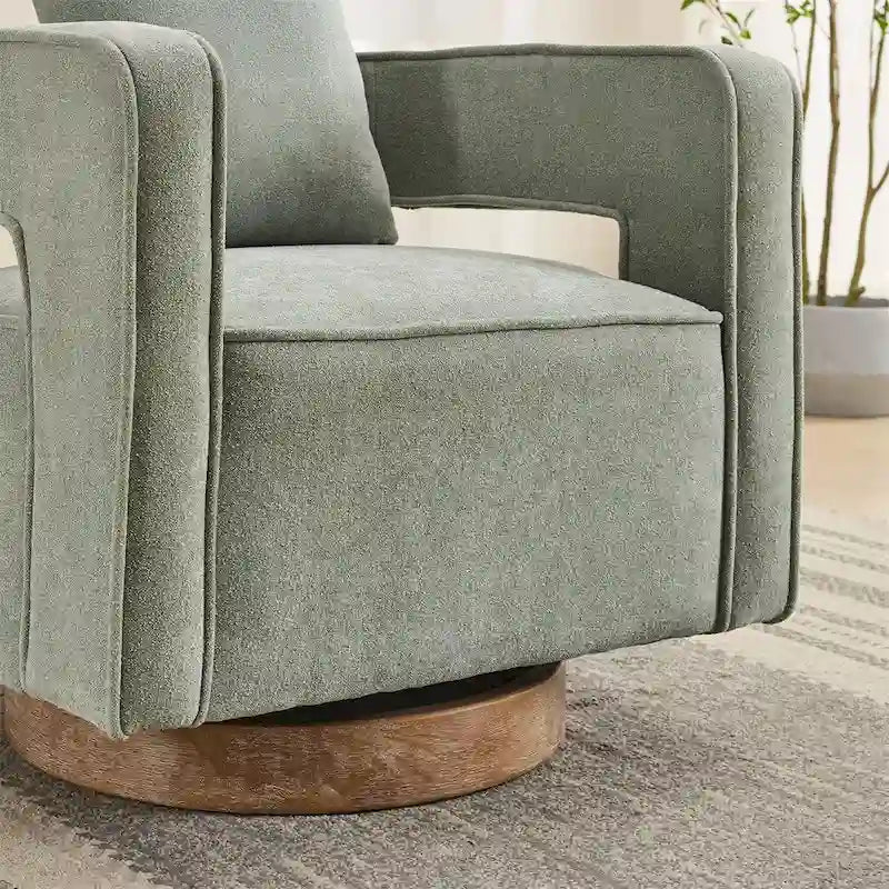 Fauteuil d'appoint pivotant à 360° en mélange de lin, dossier incurvé, base en hévéa avec coussin
