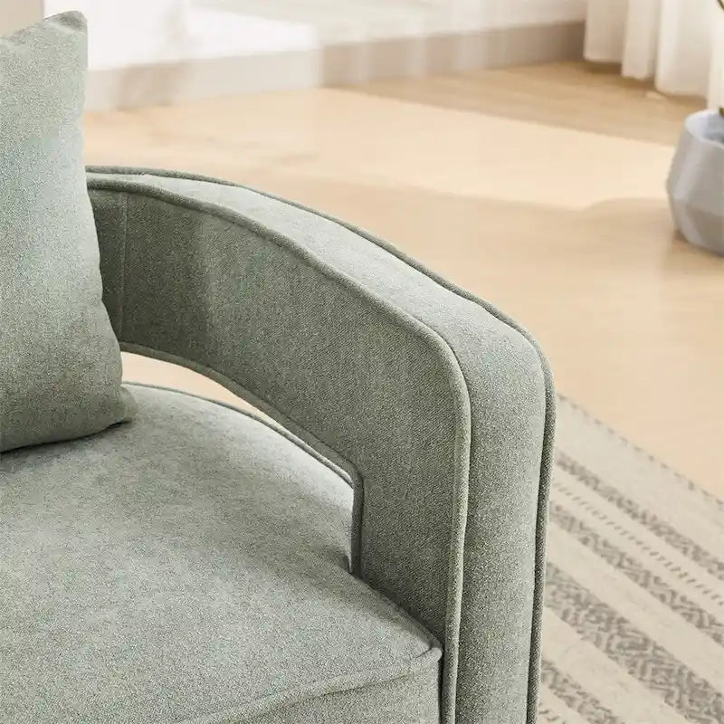 Fauteuil d'appoint pivotant à 360° en mélange de lin, dossier incurvé, base en hévéa avec coussin