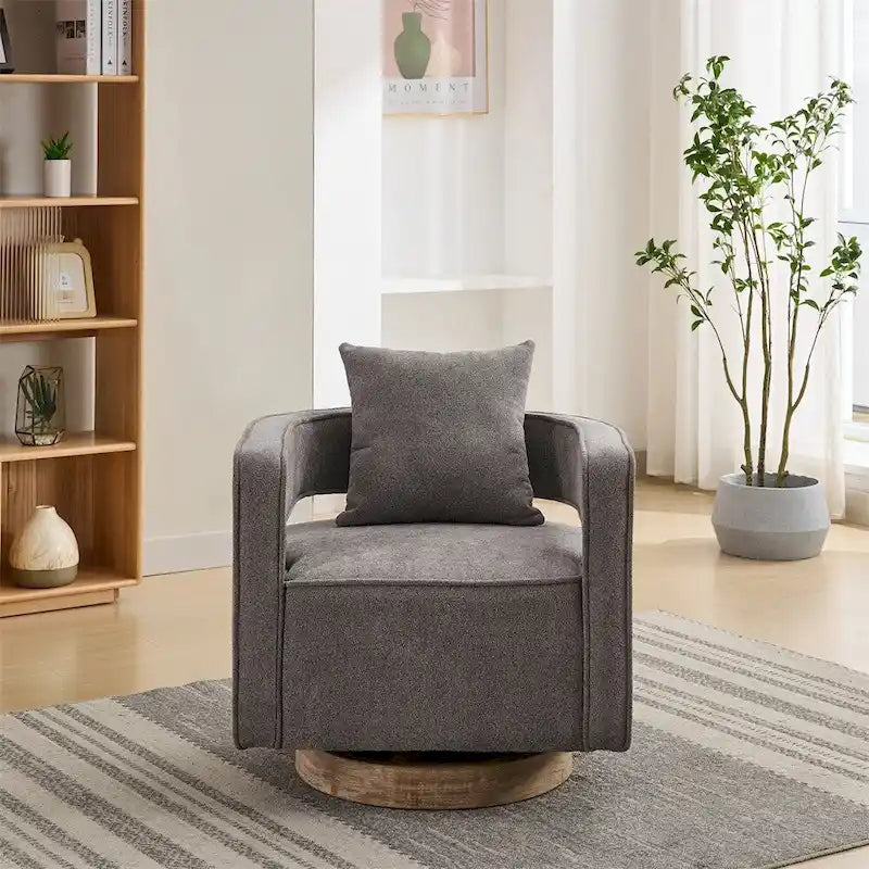 Fauteuil d'appoint pivotant à 360° en mélange de lin, dossier incurvé, base en hévéa avec coussin