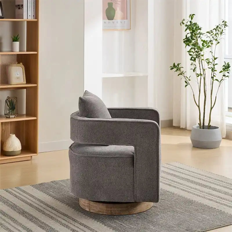 Fauteuil d'appoint pivotant à 360° en mélange de lin, dossier incurvé, base en hévéa avec coussin