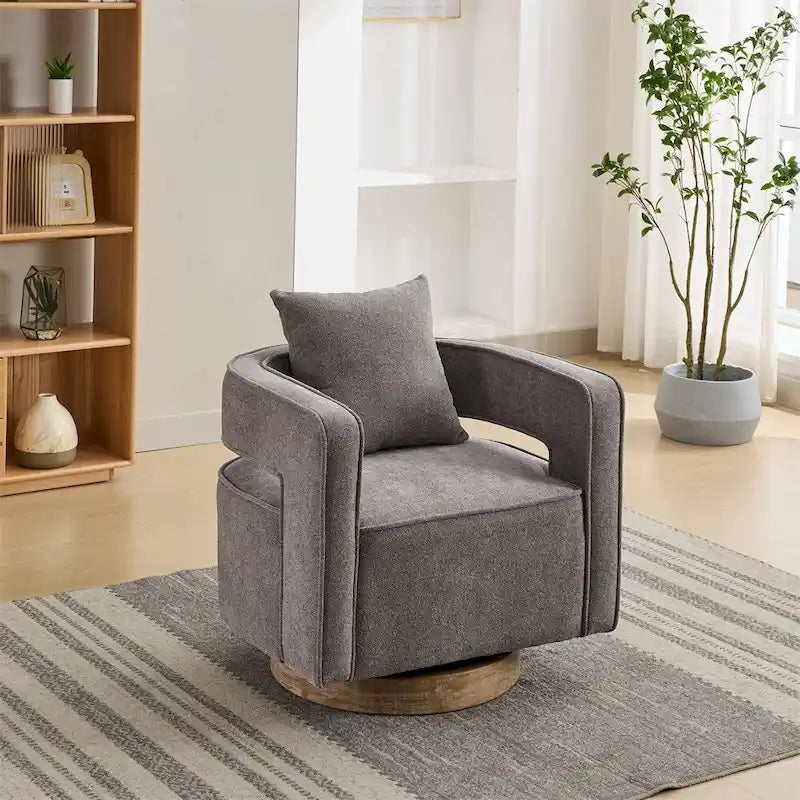 Fauteuil d'appoint pivotant à 360° en mélange de lin, dossier incurvé, base en hévéa avec coussin