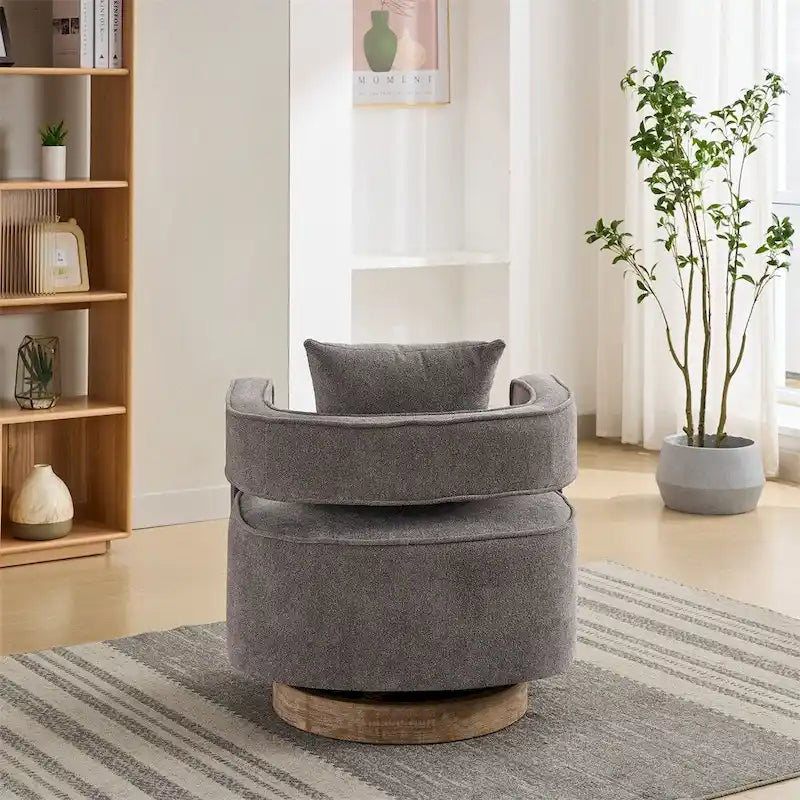 Fauteuil d'appoint pivotant à 360° en mélange de lin, dossier incurvé, base en hévéa avec coussin