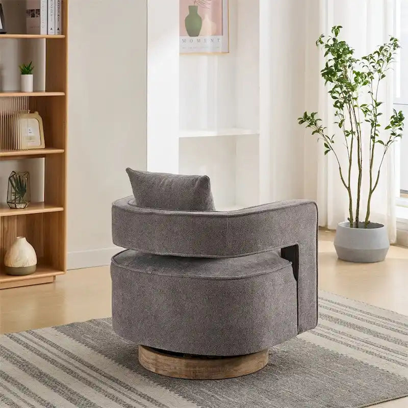 Fauteuil d'appoint pivotant à 360° en mélange de lin, dossier incurvé, base en hévéa avec coussin
