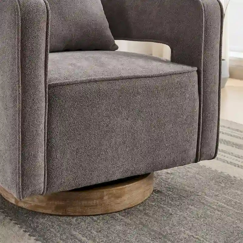 Fauteuil d'appoint pivotant à 360° en mélange de lin, dossier incurvé, base en hévéa avec coussin
