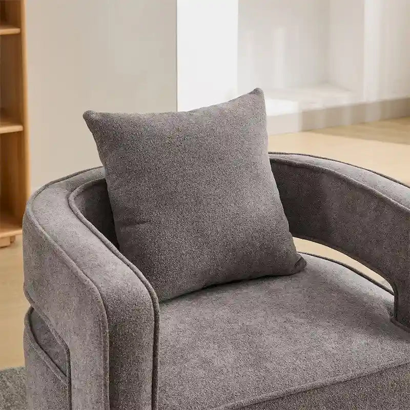 Fauteuil d'appoint pivotant à 360° en mélange de lin, dossier incurvé, base en hévéa avec coussin