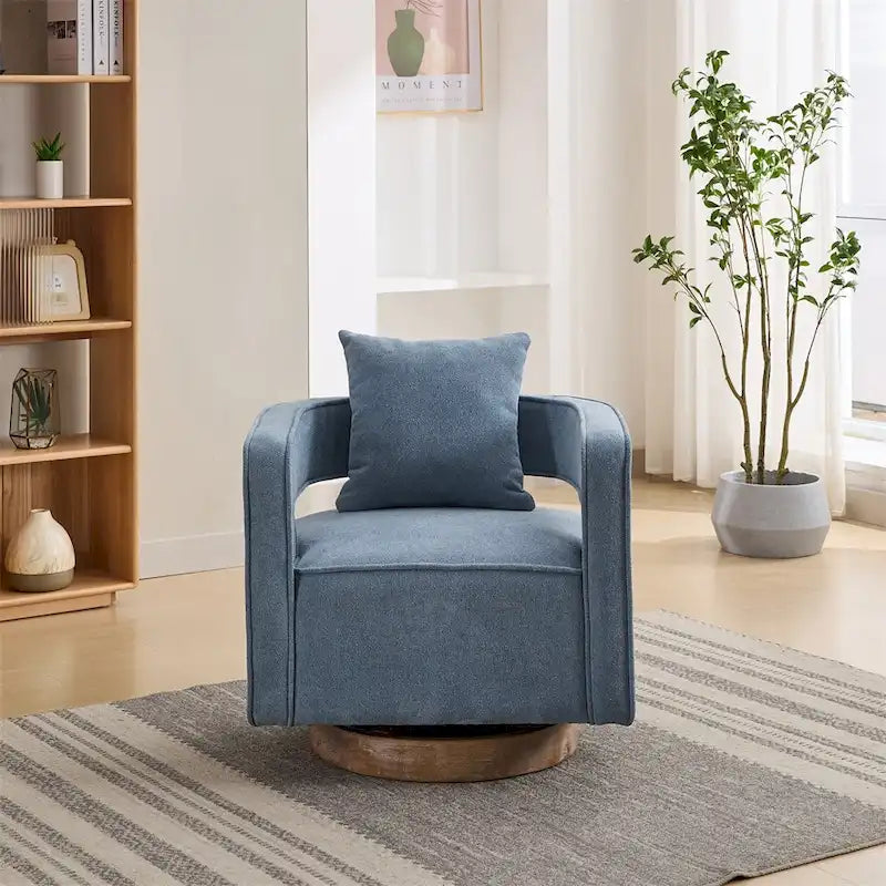 Fauteuil d'appoint pivotant à 360° en mélange de lin, dossier incurvé, base en hévéa avec coussin