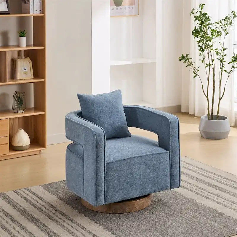 Fauteuil d'appoint pivotant à 360° en mélange de lin, dossier incurvé, base en hévéa avec coussin