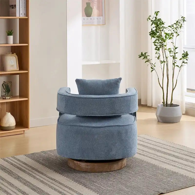 Fauteuil d'appoint pivotant à 360° en mélange de lin, dossier incurvé, base en hévéa avec coussin