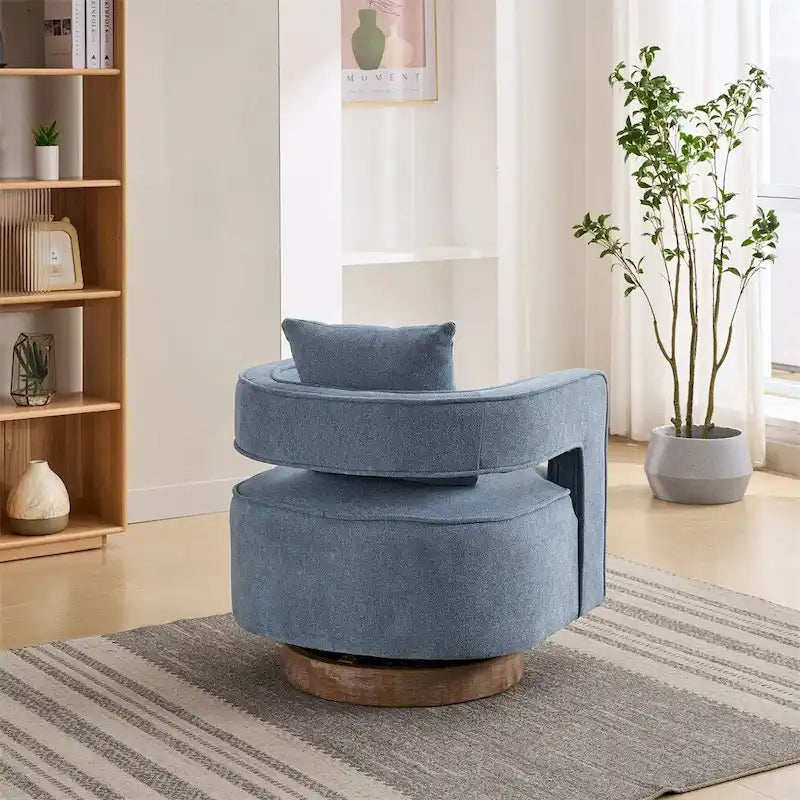 Fauteuil d'appoint pivotant à 360° en mélange de lin, dossier incurvé, base en hévéa avec coussin