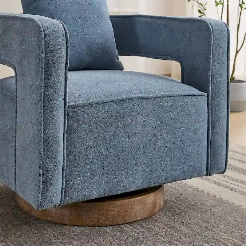 Fauteuil d'appoint pivotant à 360° en mélange de lin, dossier incurvé, base en hévéa avec coussin