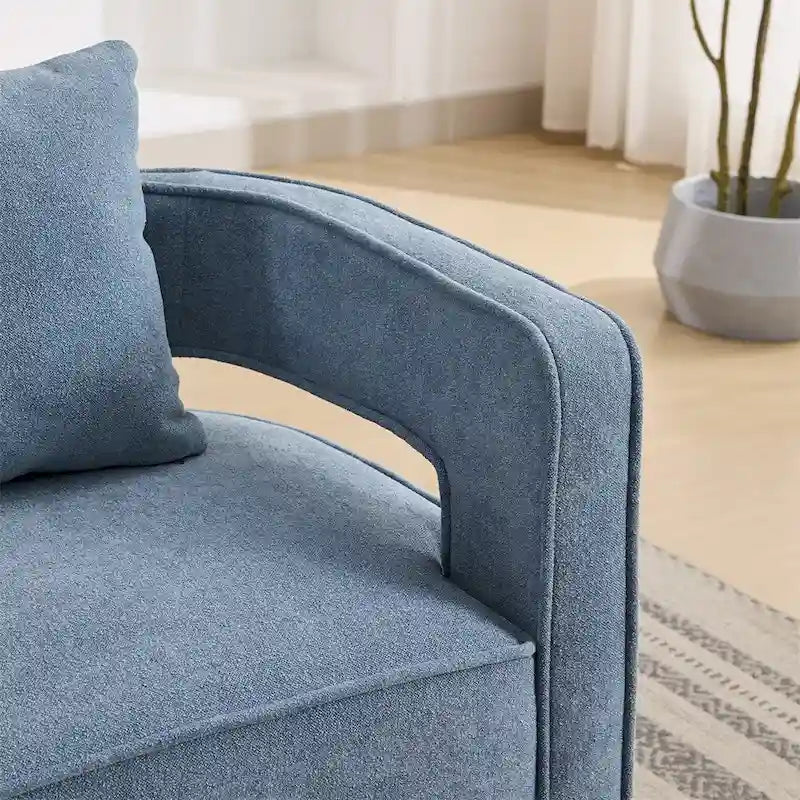 Fauteuil d'appoint pivotant à 360° en mélange de lin, dossier incurvé, base en hévéa avec coussin