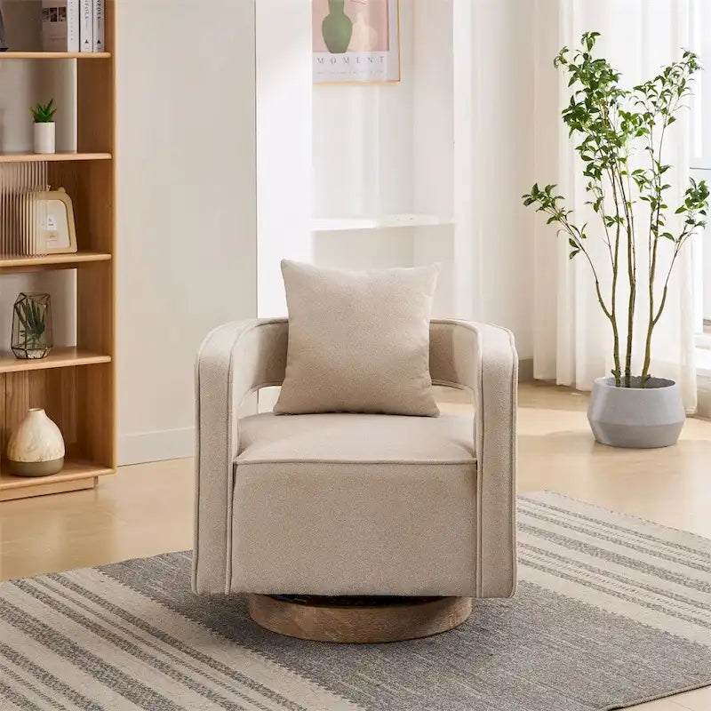Fauteuil d'appoint pivotant à 360° en mélange de lin, dossier incurvé, base en hévéa avec coussin