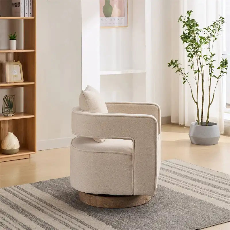 Fauteuil d'appoint pivotant à 360° en mélange de lin, dossier incurvé, base en hévéa avec coussin