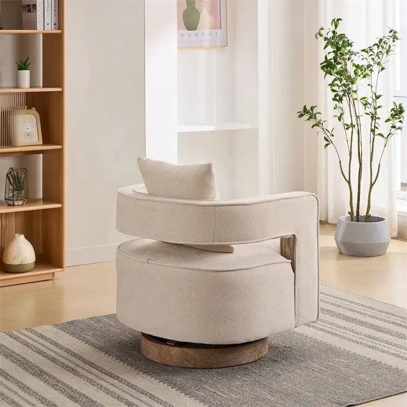 Fauteuil d'appoint pivotant à 360° en mélange de lin, dossier incurvé, base en hévéa avec coussin