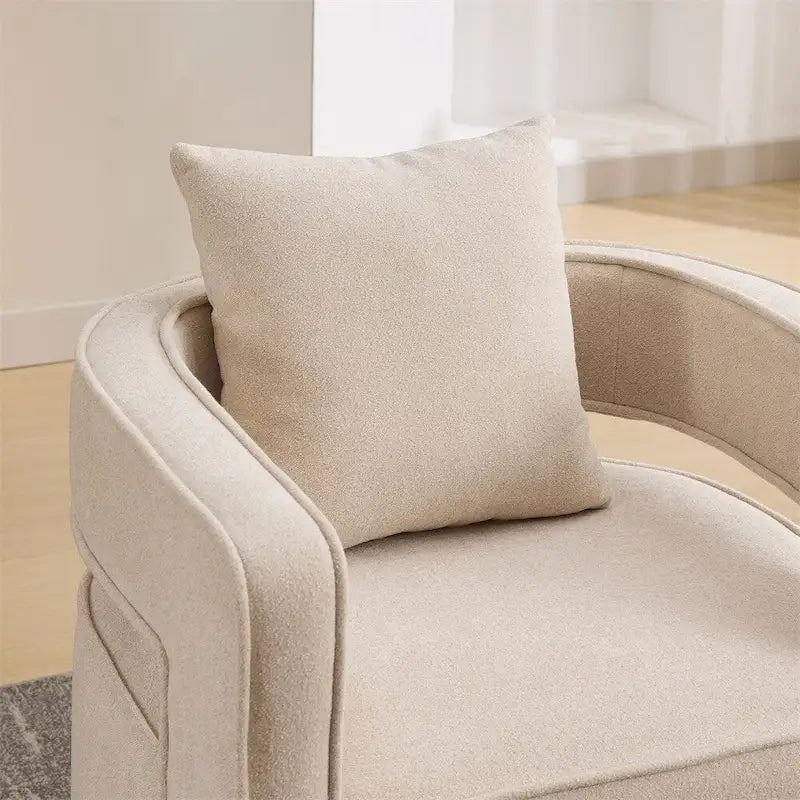 Fauteuil d'appoint pivotant à 360° en mélange de lin, dossier incurvé, base en hévéa avec coussin