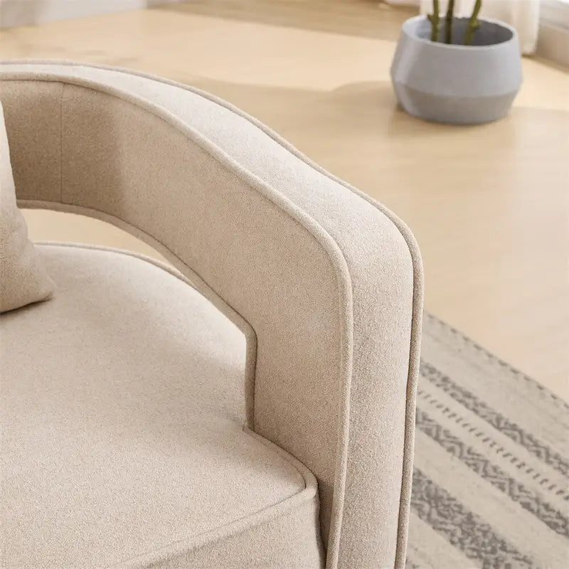 Fauteuil d'appoint pivotant à 360° en mélange de lin, dossier incurvé, base en hévéa avec coussin