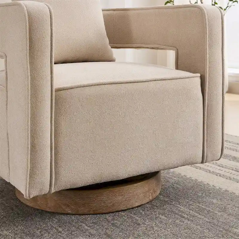 Fauteuil d'appoint pivotant à 360° en mélange de lin, dossier incurvé, base en hévéa avec coussin