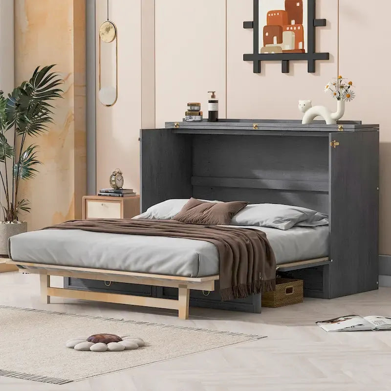 Lit Mural Escamotable Queen Gris avec Tiroirs de Rangement en Rotin Armoire Pliable