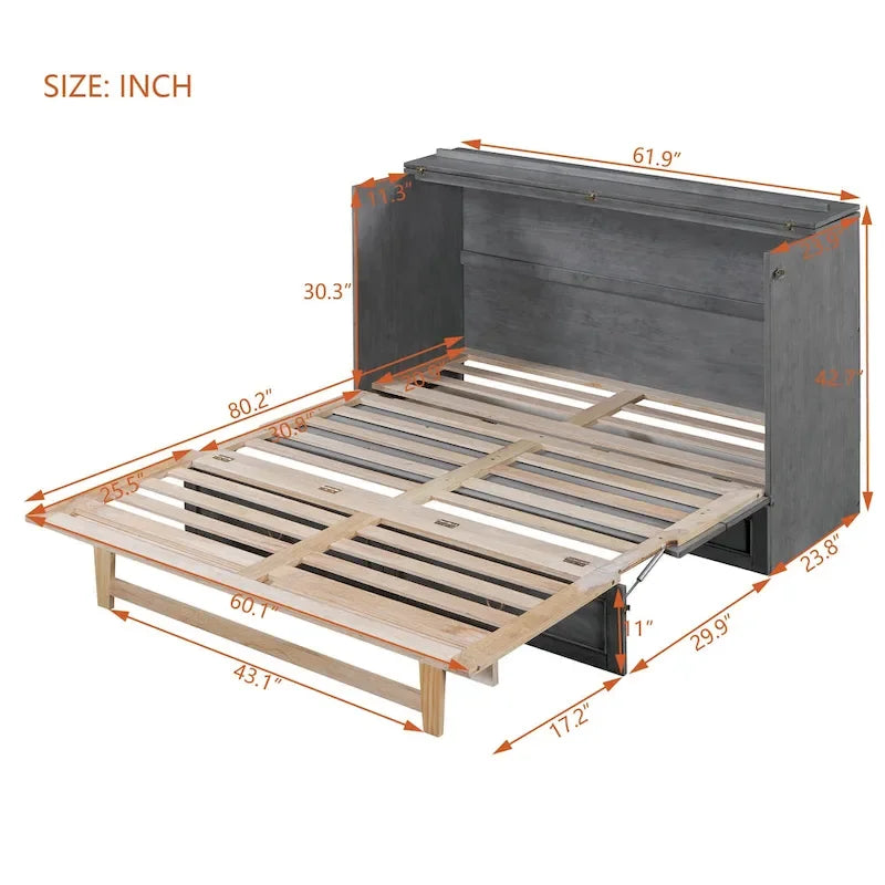 Lit Mural Escamotable Queen Gris avec Tiroirs de Rangement en Rotin Armoire Pliable