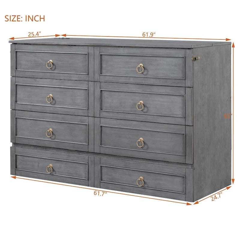 Lit Mural Escamotable Queen Gris avec Tiroirs de Rangement en Rotin Armoire Pliable