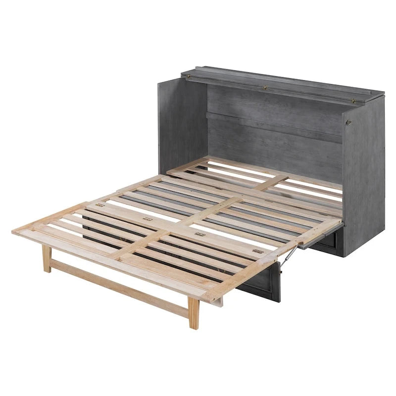 Lit Mural Escamotable Queen Gris avec Tiroirs de Rangement en Rotin Armoire Pliable