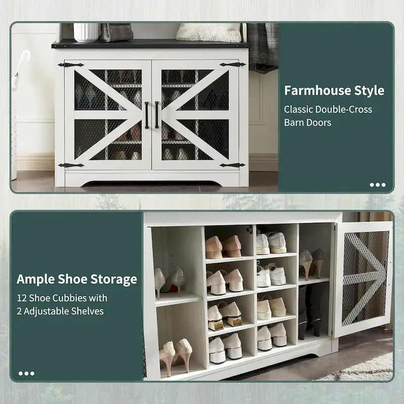 Meuble d'entrée de style campagnard avec banc à chaussures et patères, blanc