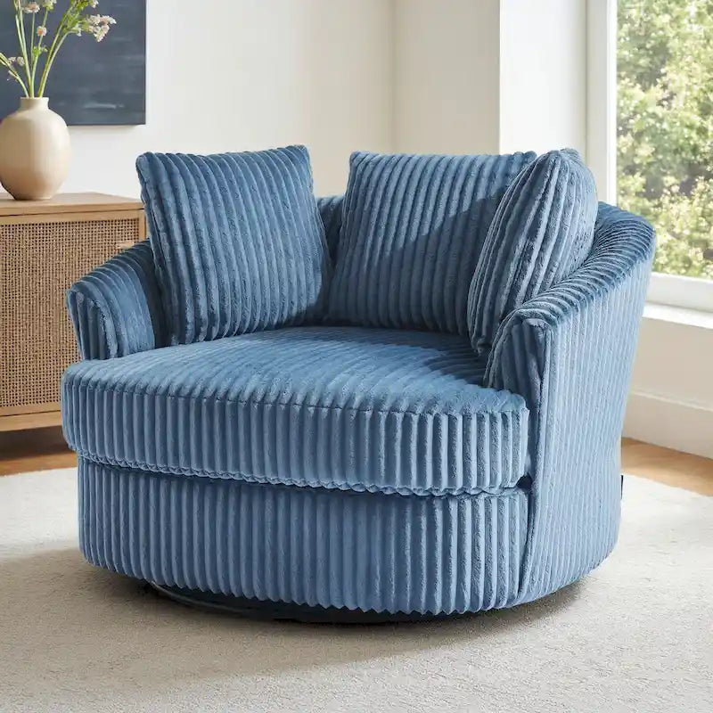 Fauteuil tonneau pivotant en velours côtelé surdimensionné avec rotation à 360° bleu