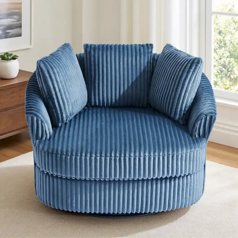 Fauteuil tonneau pivotant en velours côtelé surdimensionné avec rotation à 360° bleu