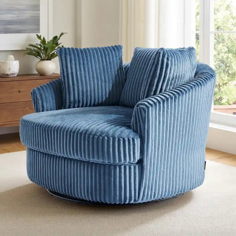 Fauteuil tonneau pivotant en velours côtelé surdimensionné avec rotation à 360° bleu