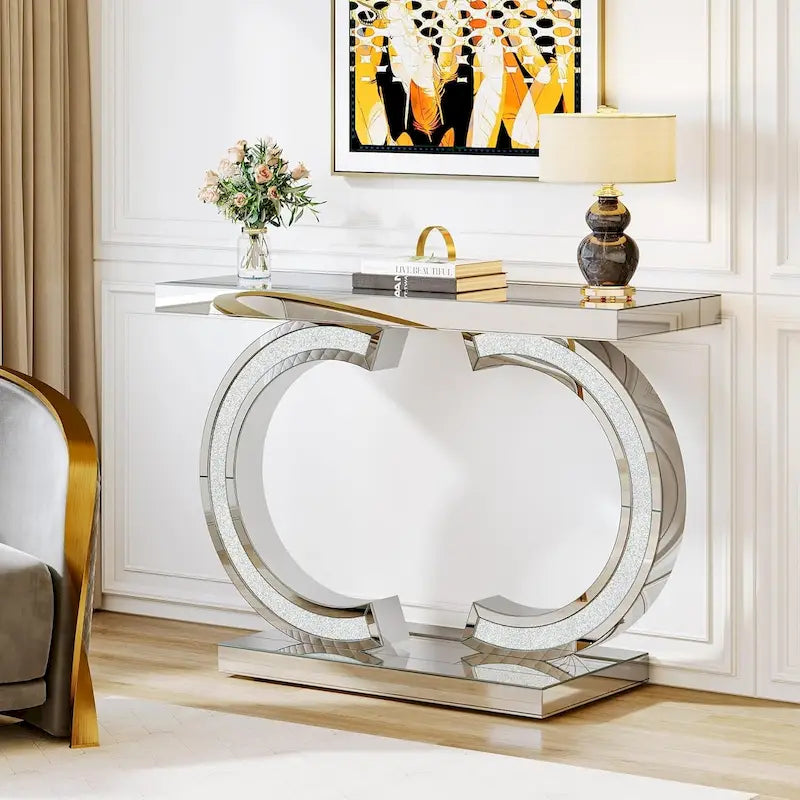 Console Miroir avec Accents de Cristal Table d'Entrée ou de Canapé Argentée