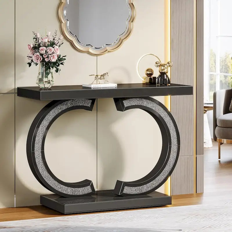 Console Miroir avec Accents de Cristal Table d'Entrée ou de Canapé Argentée