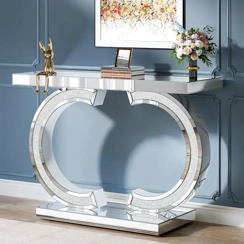 Console Miroir avec Accents de Cristal Table d'Entrée ou de Canapé Argentée