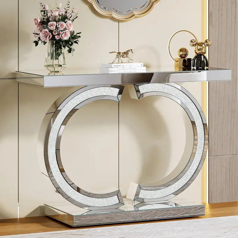 Console Miroir avec Accents de Cristal Table d'Entrée ou de Canapé Argentée