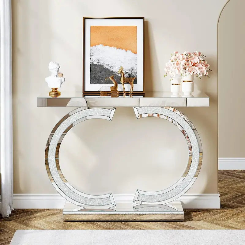 Console Miroir avec Accents de Cristal Table d'Entrée ou de Canapé Argentée