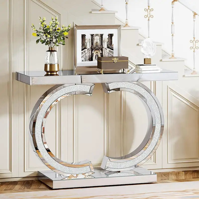 Console Miroir avec Accents de Cristal Table d'Entrée ou de Canapé Argentée