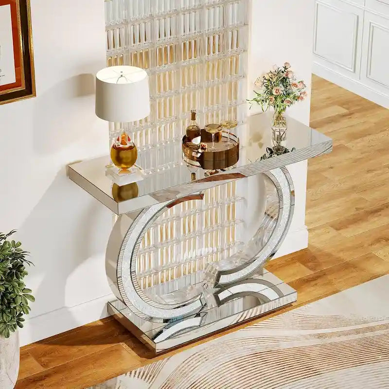 Console Miroir avec Accents de Cristal Table d'Entrée ou de Canapé Argentée