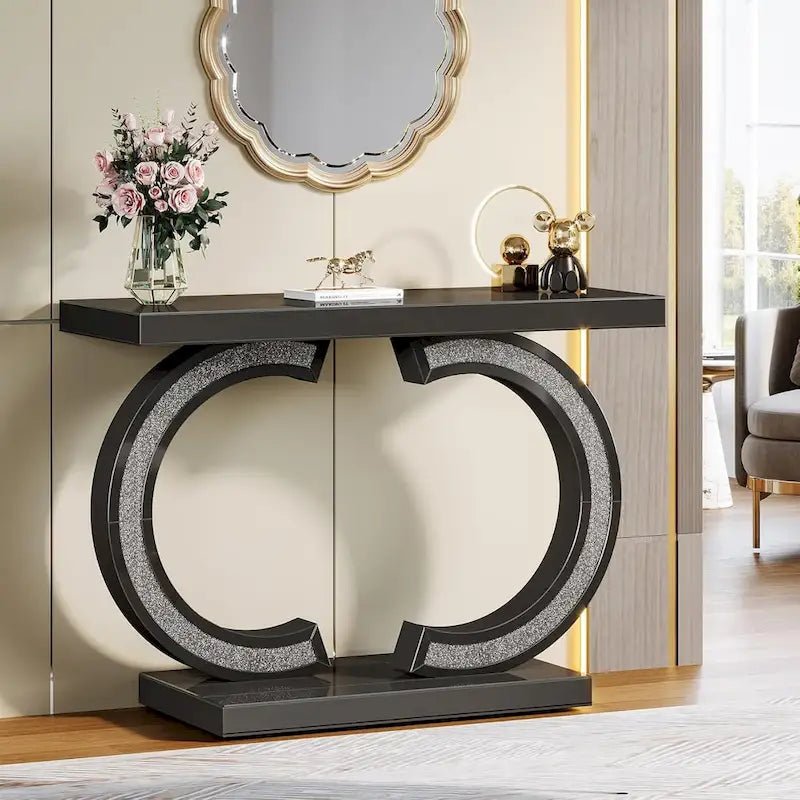 Console Miroir avec Accents de Cristal Table d'Entrée ou de Canapé Argentée