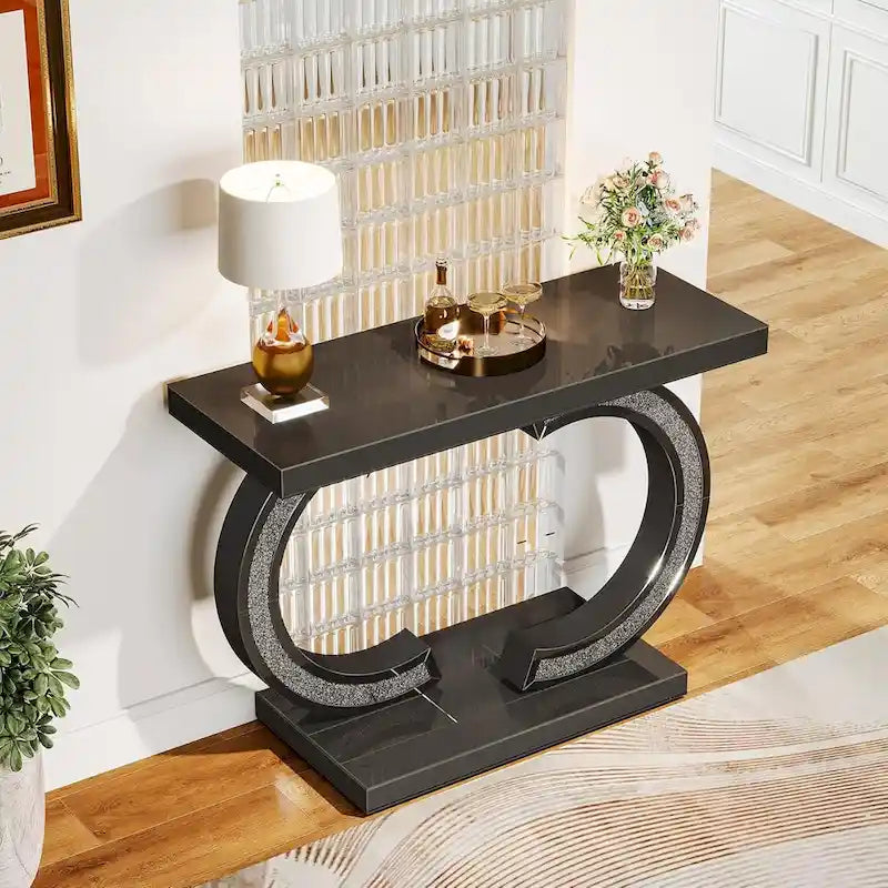 Console Miroir avec Accents de Cristal Table d'Entrée ou de Canapé Argentée