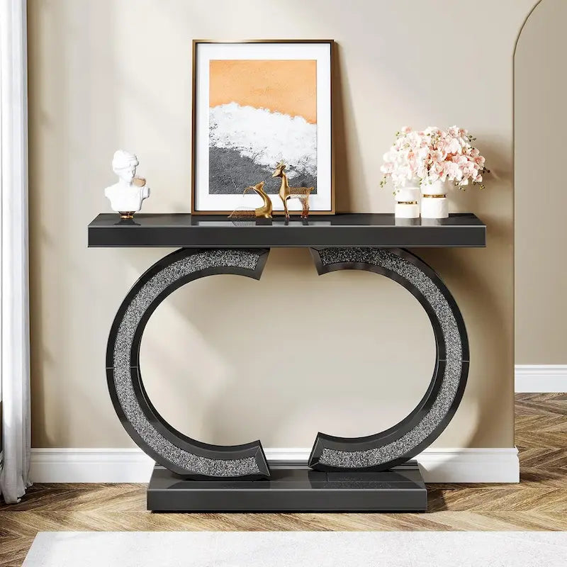 Console Miroir avec Accents de Cristal Table d'Entrée ou de Canapé Argentée