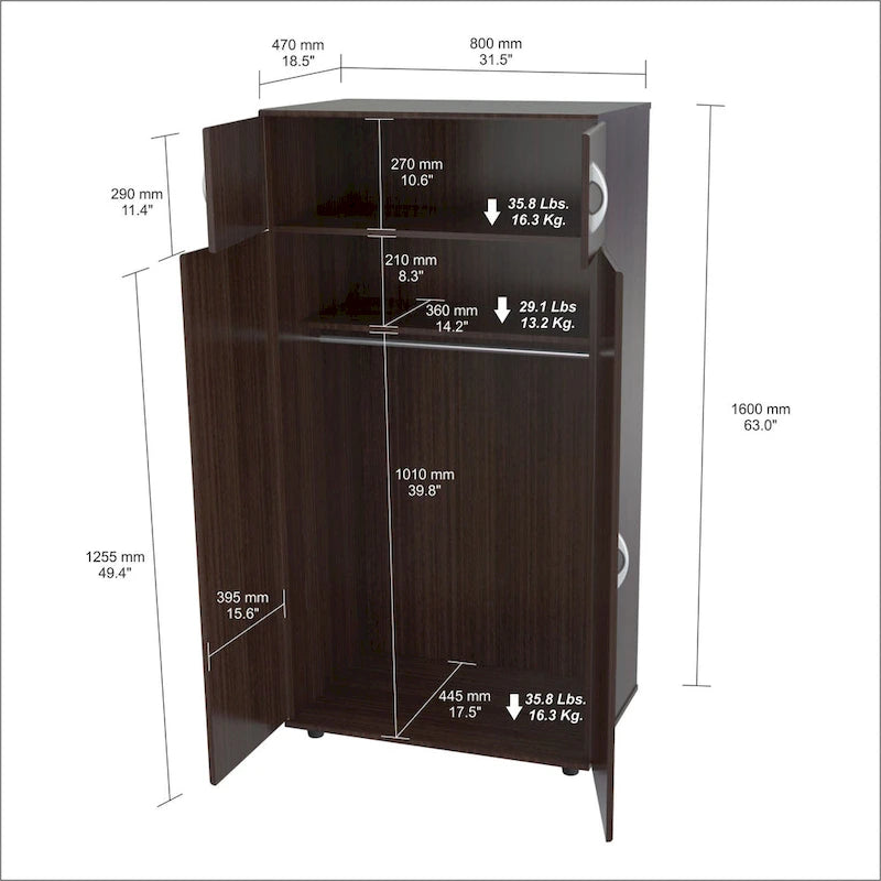 Armoire penderie en mélamine marron expresso avec portes, étagères et tringle à vêtements